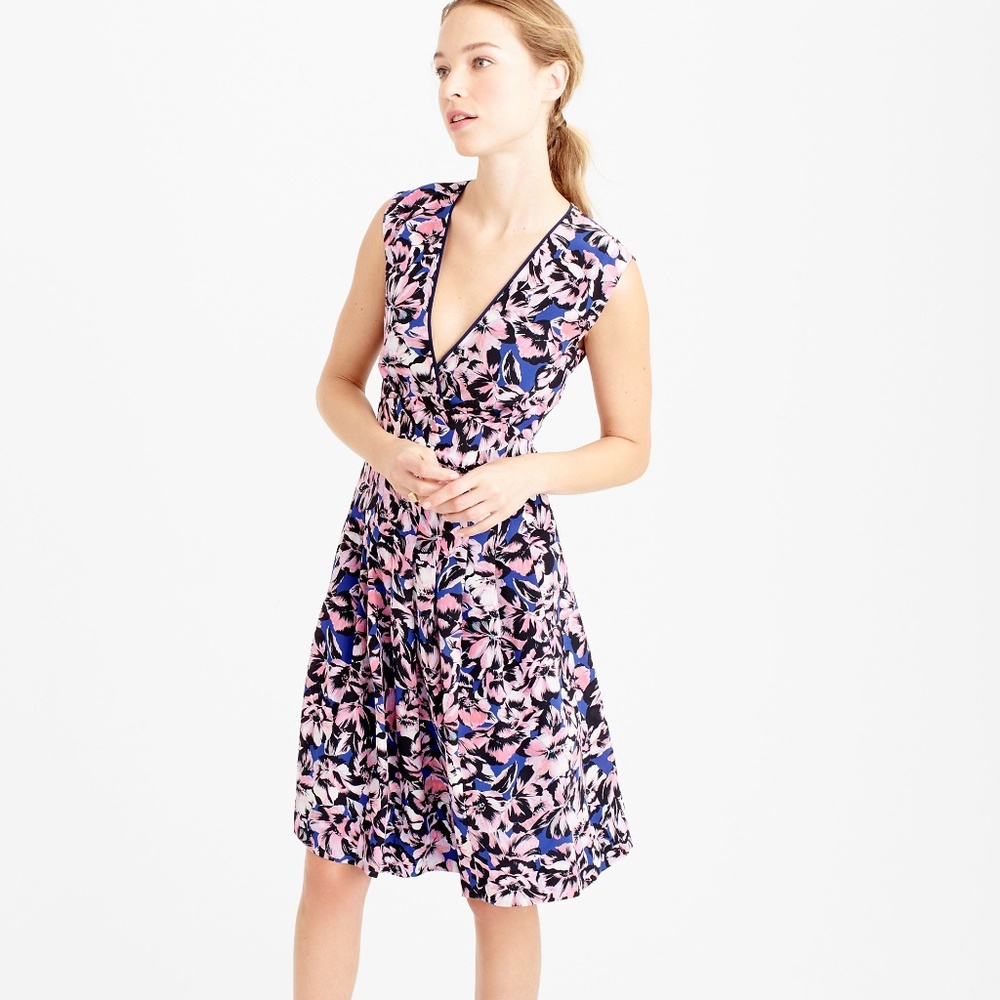 J. Crew Pink and Blue Floral V-Neck Midi Dress